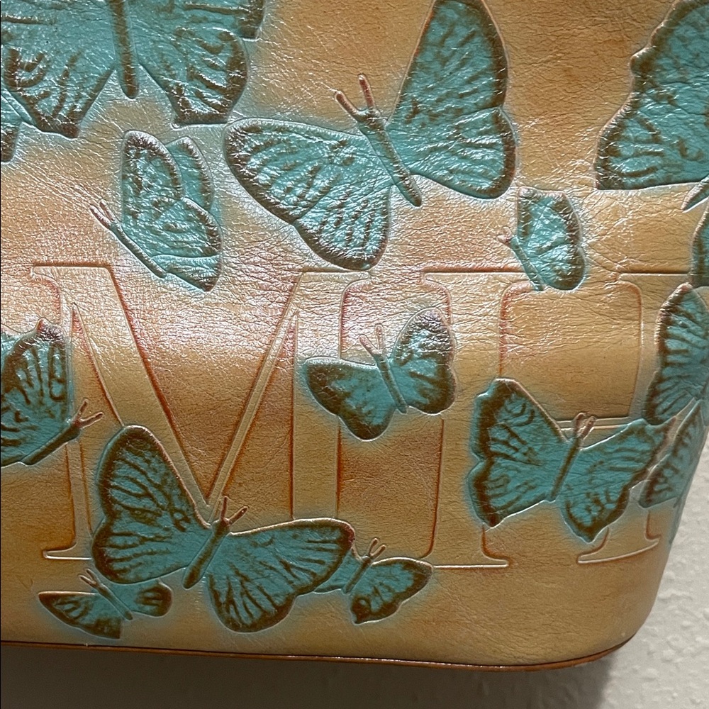 Butterfly Embossed Tan and Green Handbag - Picture 3 of 16